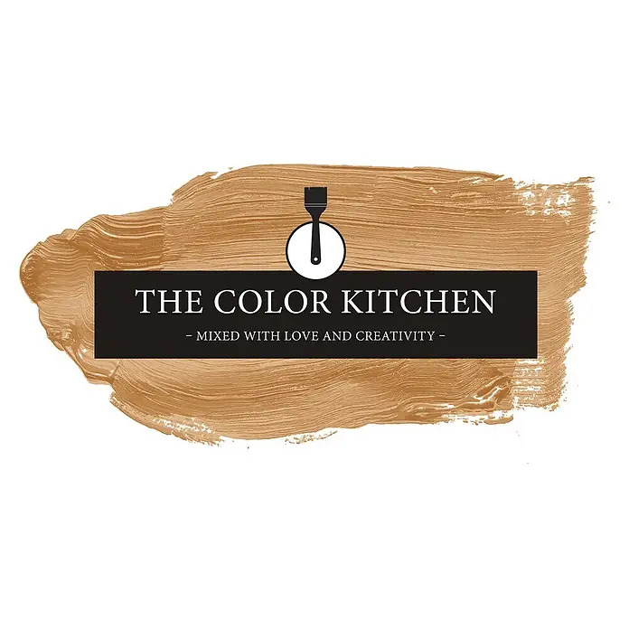Livingwalls Wandfarbe Orange Salted Caramel 5007 2,5l - Matt, 2,5 l - Logo: Brauner Pinselstrich, schwarzes Banner mit 'THE COLOR KITCHEN' und Slogan, sowie Pinsel-Icon in einem weißen Kreis.