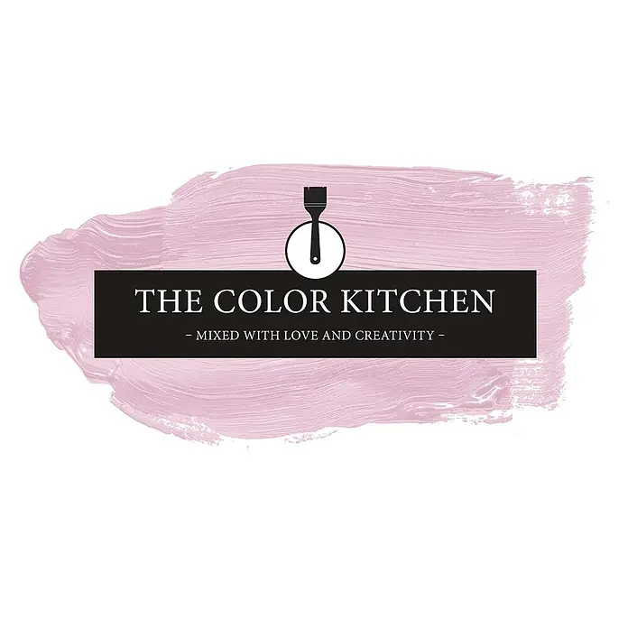 Livingwalls Wandfarbe Pink Milky Strawberry 2003 2,5l - Matt, 2,5 l - Logo für 'The Color Kitchen' mit Pinselgrafik, schwarzem Textfeld und rosafarbenem Pinselstrich-Design.