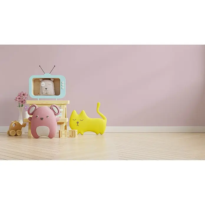 Livingwalls Wandfarbe Pink Milky Strawberry 2003 2,5l - Matt, 2,5 l - Bunte Plüschtiere und Holzmöbel gestalten eine verspielte Kinderzimmerszene.