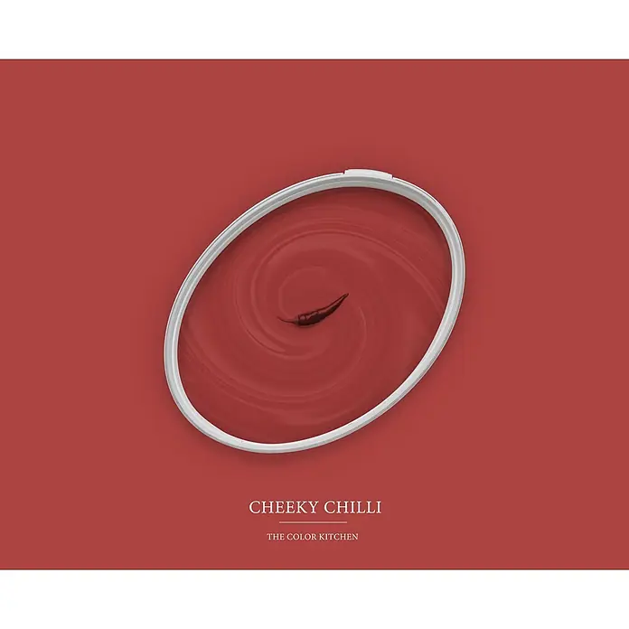 Livingwalls Wandfarbe Rot Cheeky Chilli 7005 2,5l - Rot, Matt, 2,5 l - Offener weißer Farbdosen-Deckel mit wirbelnder roter Farbe und einer schwebenden roten Chilischote, auf rotem Untergrund.