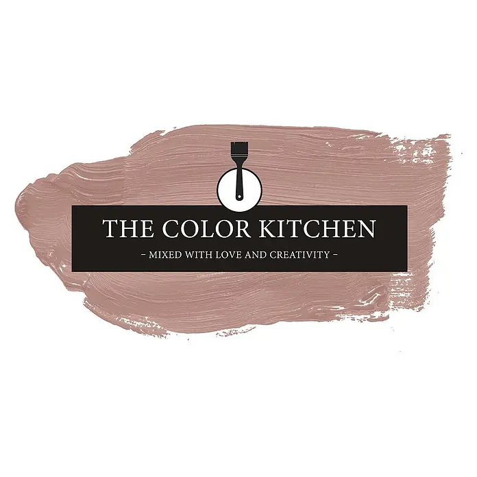 Livingwalls Wandfarbe Braun Jellied Jostaberry 7002 2,5l - Weiß, Matt, 2,5 l - Logo: matter mauvefarbener Pinselstrich, schwarzes Banner mit 'THE COLOR KITCHEN' und Slogan, weißer Kreis mit schwarzem Pinsel-Symbol.