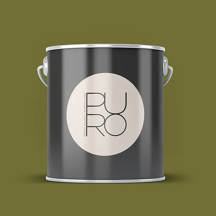 Livingwalls Wandfarbe Grün Gentle Lime DD126001 1l - Grün, Matt, 1 l - Eine dunkelgraue Farb罐e mit silbernem Rand und Henkel, mit einem runden cremefarbenen Etikett mit 'PURO' und 'PREMIUM WALLPAINT | DISPERSION BASED' Text.