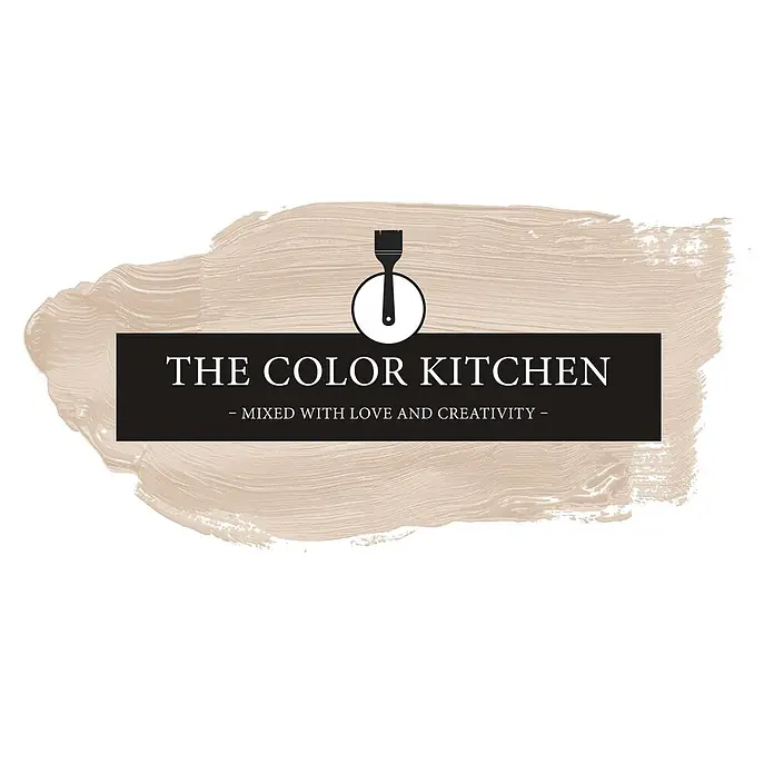 Livingwalls Wandfarbe Beige Pure Potato 6018 5l - Matt, 5 l - Logo für 'The Color Kitchen' mit Pinsel-Symbol, Text auf schwarzem Balken und beigem Pinselstrich-Hintergrund.