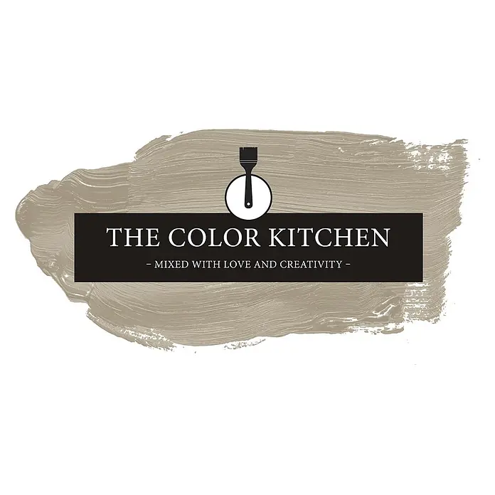 Livingwalls Wandfarbe Taupe Pumkin Seed 1015 2,5l - Matt, 2,5 l - Logo für „The Color Kitchen“ mit Pinsel-Symbol und hellbraunem Pinselstrich-Design.