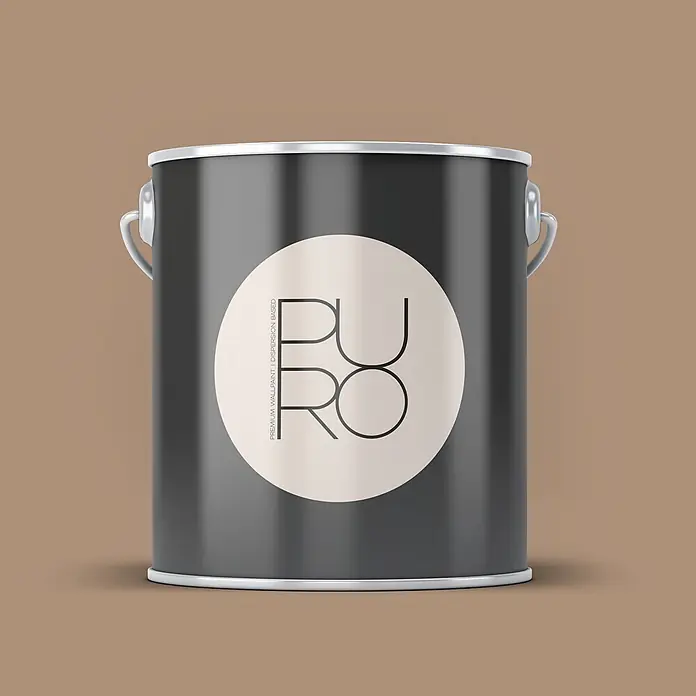 Livingwalls Wandfarbe Braun Soothing Brown DD126059 2,5l - Braun, Matt, 2,5 l - Schwarzer Farbtopf mit silbernem Griff und Rand, versehen mit einem weißen runden Etikett für 'PURO Premium Wallpaint'.