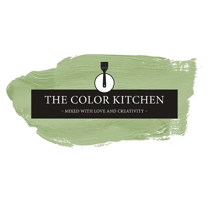 Livingwalls Wandfarbe Grün Green Grape 4008 5l - Matt, 5 l - Logo mit grünem Pinselstrich, schwarzem Banner, weißem Text "THE COLOR KITCHEN" und Pinselsymbol.