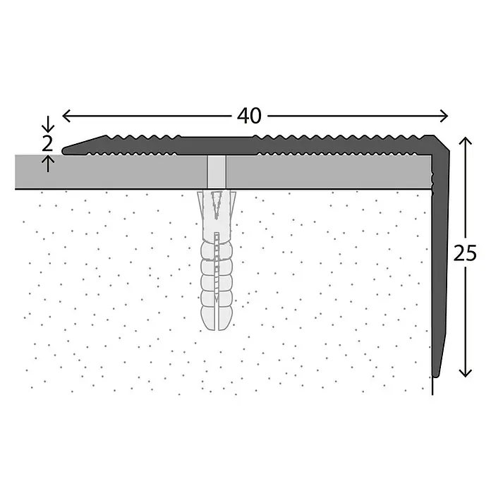 LOGOCLIC Treppenkantenprofil 293 - Edelstahl matt, 2,5 m x 40 mm x 25 mm, Montageart: Schrauben - Abbildung eines Treppenkantenprofils mit den Maßen 40 x 25 x 2 mm und einer Dübelbefestigung.