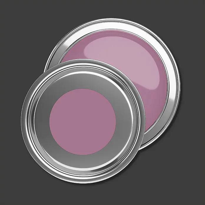 Tadessi Wandfarbe Veilchen - Violett, Matt, 5 l - Zwei offene silberne Farbdosen gefüllt mit lila-mauve Farbe.
