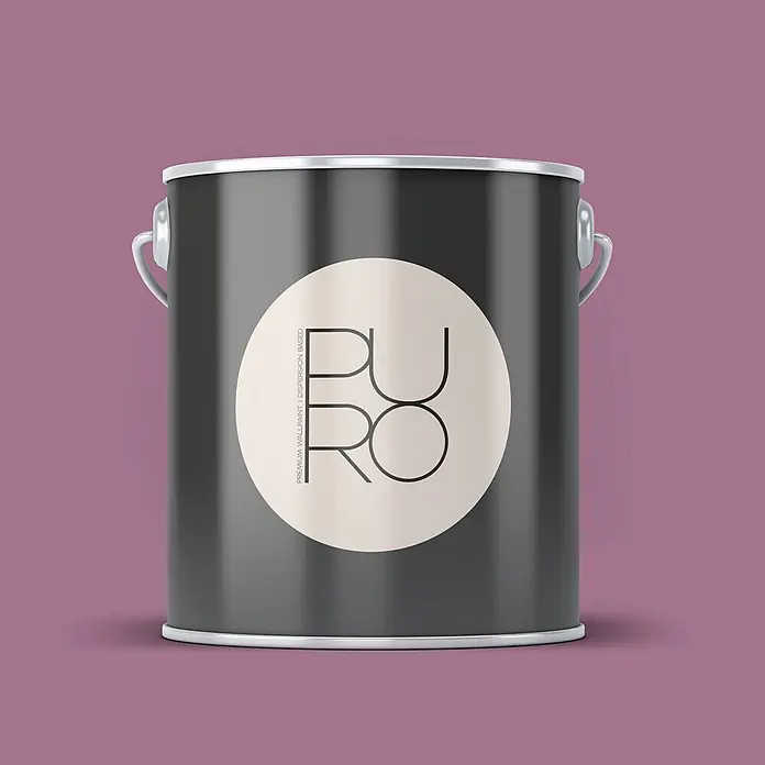 Livingwalls Wandfarbe Violett Lovely Rose DD125808 5l - Violett, Matt, 5 l - Eine dunkelgraue Farbdose mit silbernem Rand und Griff, mit einem runden beigen Etikett mit 'PURO' und 'PREMIUM WALLPAINT' auf lila Hintergrund.