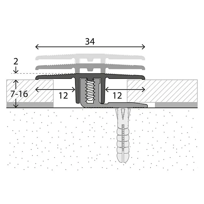 LOGOCLIC Übergangsprofil 220 - Silber, 2,7 m x 34 mm, Montageart: Schrauben - Schematische Darstellung eines Übergangsprofils mit Schraubbefestigung für Bodenbeläge unterschiedlicher Höhen.