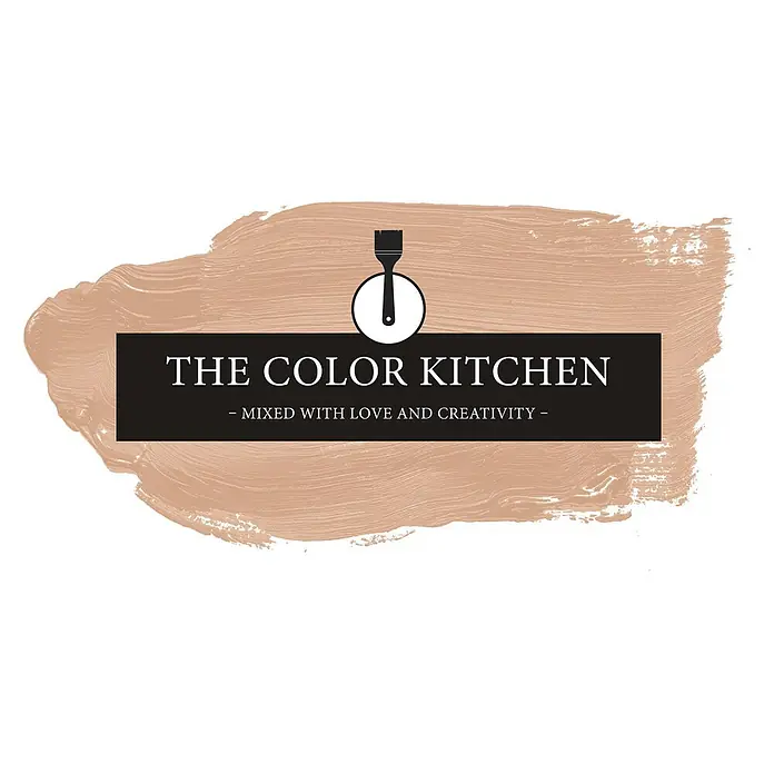 Livingwalls Wandfarbe Orange Lovely Lentil 6021 5l - Matt, 5 l - „The Color Kitchen“-Logo: weißer Text auf schwarzem Banner, Pinsel-Symbol auf texturiertem beigem Pinselstrich.