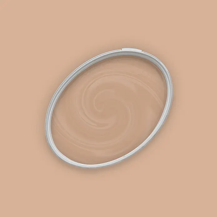 Livingwalls Wandfarbe Orange Lovely Lentil 6021 5l - Matt, 5 l - Weißer ovaler Behälter mit einer beigen, spiralförmigen Substanz.