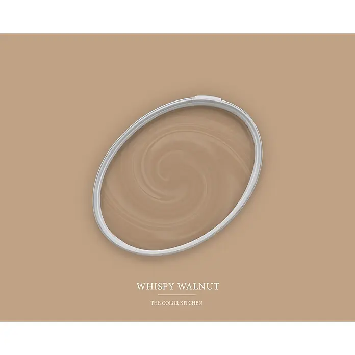 Livingwalls Wandfarbe Braun Whispy Walnut 6011 2,5l - Matt, 2,5 l - Weißer Farbdosendeckel mit wirbelnder Wispy Walnut Farbe.