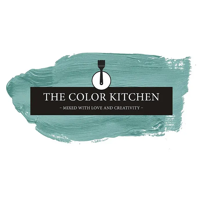 Livingwalls Wandfarbe Grün Magical Mint 3008 5l - Matt, 5 l - Logo für The Color Kitchen mit weißem Text auf schwarzem Banner, Pinsel-Symbol und türkisfarbenem Farbstriche-Hintergrund.