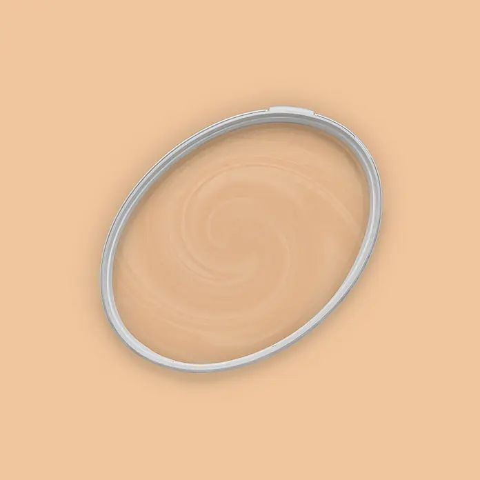 Livingwalls Wandfarbe Beige Pithy Pancake 5009 2,5l - Matt, 2,5 l - Ovaler hellgrauer Behälter mit hellorangem, gewirbeltem Inhalt.