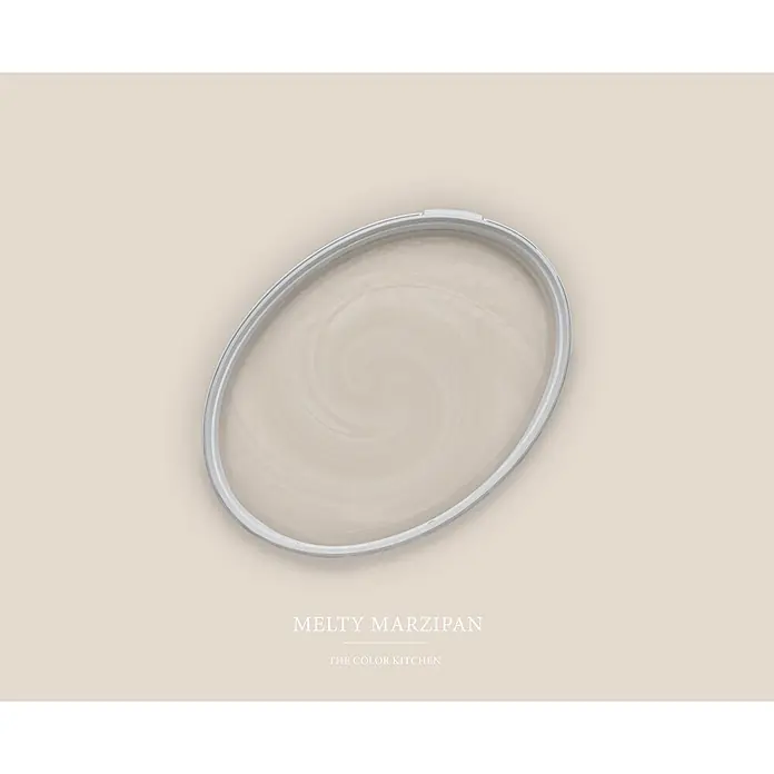 Livingwalls Wandfarbe Creme Melty Marzipan 6019 2,5l - Matt, 2,5 l - Offene ovale Farbdose mit silbernem Rand, gefüllt mit cremiger, hellbeiger Farbe mit Wirbelmuster. Beschriftung 'Melty Marzipan'.