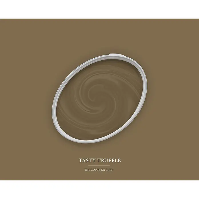 Livingwalls Wandfarbe Braun Tasty Truffle 6014 2,5l - Matt, 2,5 l - Ovaler hellgrauer Behälter mit einer gewirbelten braunen Farbprobe „Tasty Truffle“.