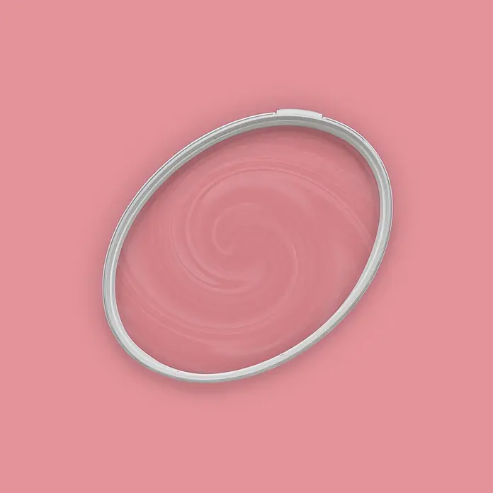 Livingwalls Wandfarbe Pink Masterfully Macaron 7010 2,5l - Pink, Matt, 2,5 l - Ovaler weißer Stickrahmen mit pinkem Stoff mit Wirbelmuster.