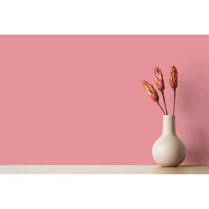 Livingwalls Wandfarbe Pink Masterfully Macaron 7010 2,5l - Pink, Matt, 2,5 l - Beige Vase mit getrockneten roten Blumen auf Holztisch vor rosa Wand.