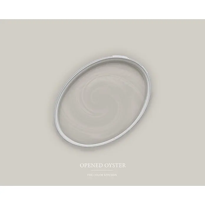 Livingwalls Wandfarbe Taupe Opened Oyster 1016 2,5l - Matt, 2,5 l - Offener Farbeimerdeckel mit cremig beiger, verquirlter Farbe, die den Farbton 'Opened Oyster' darstellt.