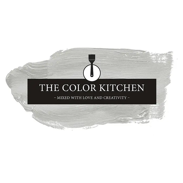 Livingwalls Wandfarbe Grau Pure Pitaya 1003 2,5l - Matt, 2,5 l - Logo: 'THE COLOR KITCHEN' mit Slogan 'MIXED WITH LOVE AND CREATIVITY', Pinsel-Symbol und grauer Pinselstrich-Textur.