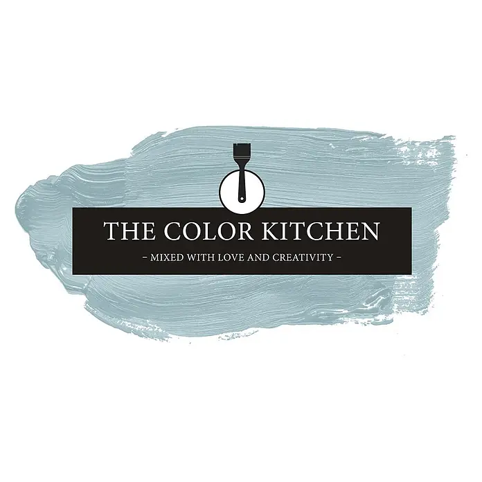 Livingwalls Wandfarbe Grün Detailed Duckegg 3001 2,5l - Matt, 2,5 l - Logo für 'The Color Kitchen' mit Pinsel-Symbol, weißem Text auf schwarzem Banner und hellblauem Pinselstrich.