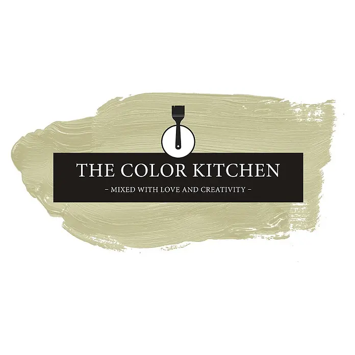 Livingwalls Wandfarbe Grün Warm Wasabi 4001 2,5l - Matt, 2,5 l - Logo 'The Color Kitchen': Pinsel-Symbol, weißer Text auf schwarzem Balken, auf hellgrünem Pinselstrich.