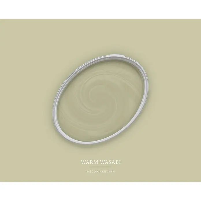 Livingwalls Wandfarbe Grün Warm Wasabi 4001 2,5l - Matt, 2,5 l - Offener Farbdosendeckel mit wirbelnder "Warm Wasabi"-Farbe.