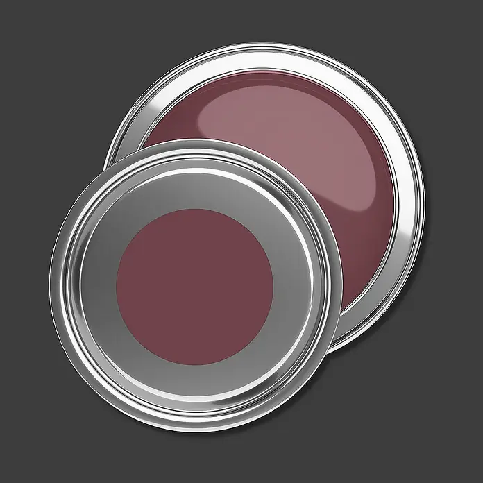 Tadessi Wandfarbe Backstein - Rot, Matt, 5 l - Zwei offene silberne Farbdosen mit dunkelrotbrauner Farbe.