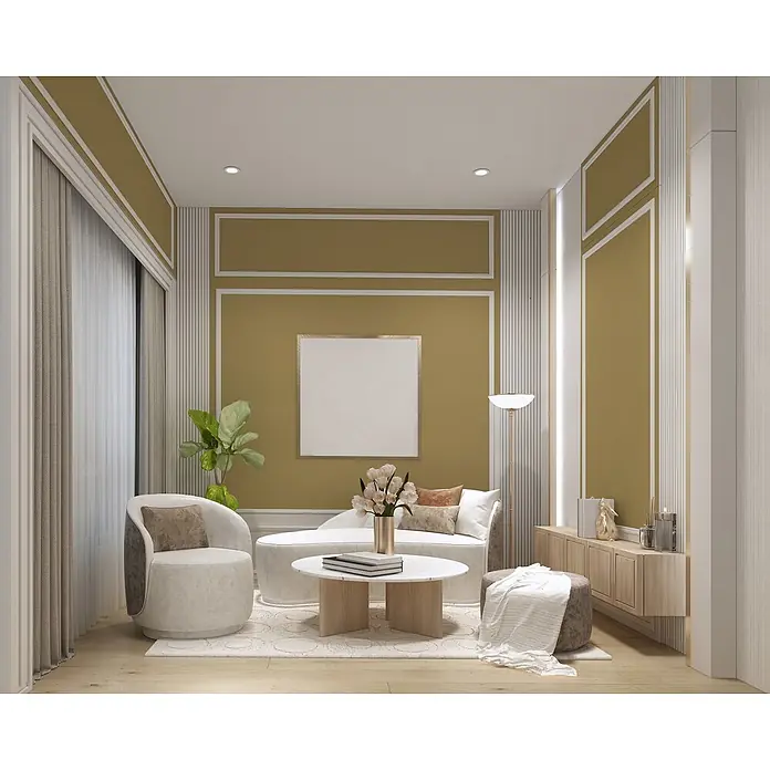 Livingwalls Wandfarbe Grün Gentle Lime DD125989 1l - Grün, Matt, 1 l - Elegantes Wohnzimmer mit geschwungenem cremefarbenem Sofa, passendem Sessel und rundem Couchtisch auf hellem Teppich, akzentuiert durch goldgetäfelte Wände.