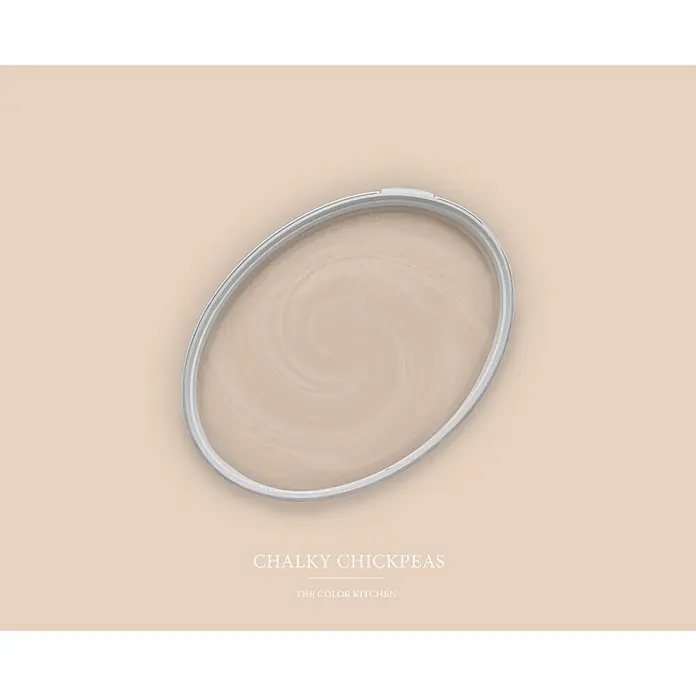 Livingwalls Wandfarbe Beige Chalky Chickpeas 6020 5l - Matt, 5 l - Offener Farbdosendeckel mit verquirltem, hellem beigem Lack. Die Farbe ist 'Chalky Chickpeas'.