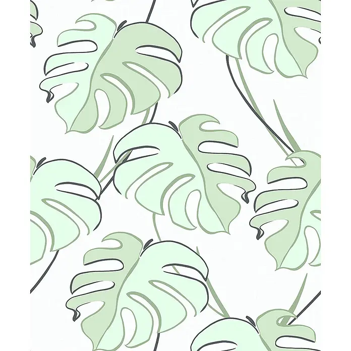 Livingwalls Vliestapete Floral, weiß-grün - 10.050 x 530 mm - Nahtloses Muster aus hellgrünen Monstera-Blättern.