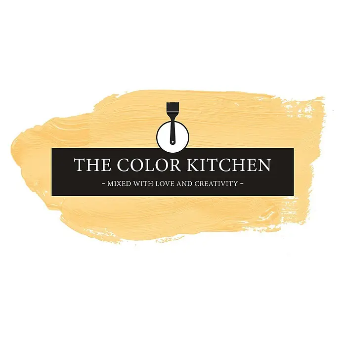 Livingwalls Wandfarbe Gelb Playful Pineapple 5005 5l - Matt, 5 l - "THE COLOR KITCHEN"-Logo mit weißem Text auf schwarzem Banner, Pinsel-Symbol und gelbem, texturiertem Farbstriches Hintergrund.