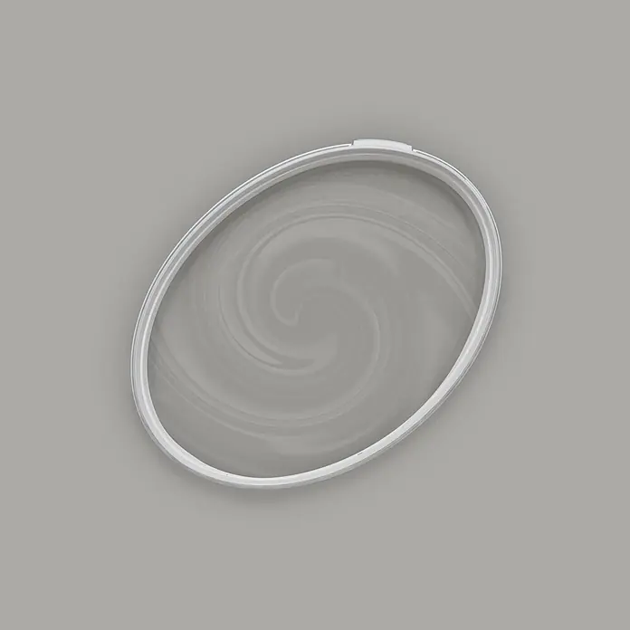 Livingwalls Wandfarbe Grau Grey Salt 1010 2,5l - Matt, 2,5 l - Weißer ovaler Kunststoffdeckel mit einer wirbelnden, durchscheinenden Oberfläche.