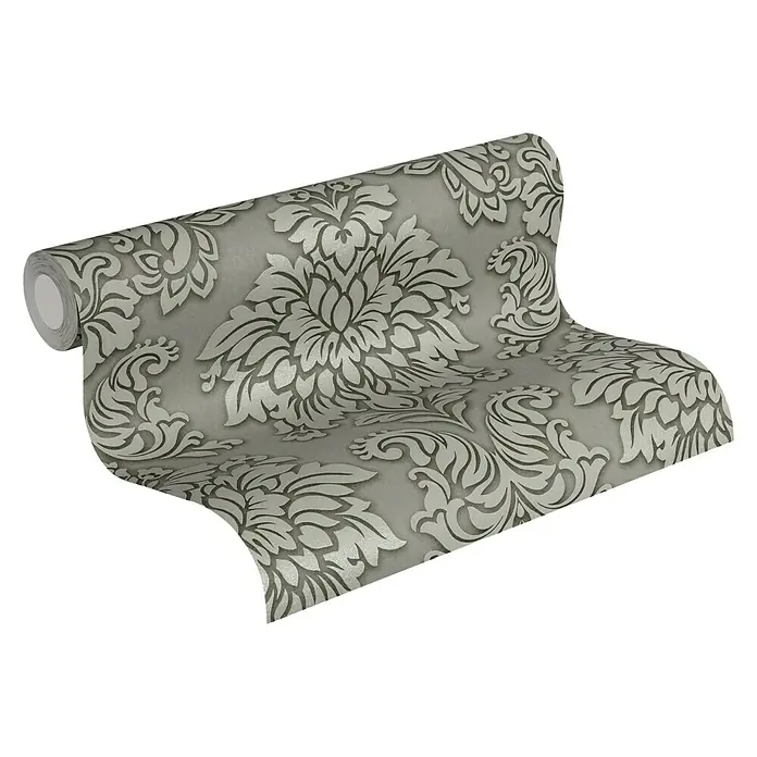 A.S. Création Metropolitan Stories Vliestapete Damask - Grau/Grün, Ornament, 10,05 x 0,53 m - Eine Rolle graue Vliestapete mit einem klassischen Damastmuster. Sie ist detailreich und verleiht Räumen eine edle Note.