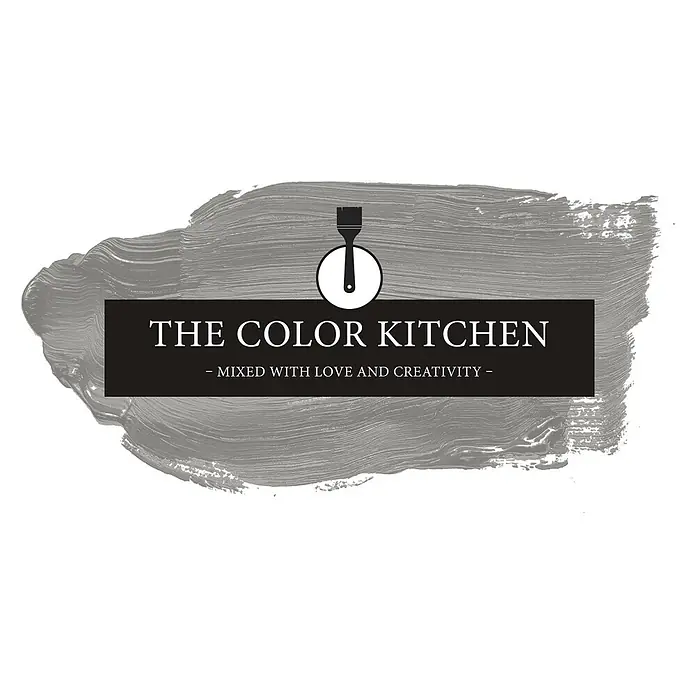 Livingwalls Wandfarbe Grau Grey Salt 1010 2,5l - Matt, 2,5 l - Logo für The Color Kitchen: schwarzes Pinsel-Symbol, Firmenname auf schwarzem Banner, vor einem grauen Pinselstrich.