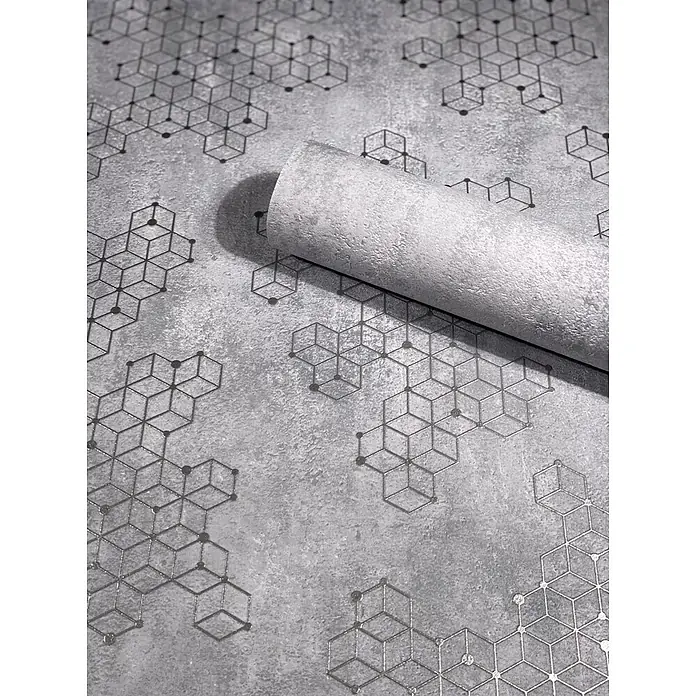Livingwalls Vliestapete Uni, grau - grau, 10.050 x 530 mm - Strukturierte graue Tapete mit metallischem geometrischem Würfelmuster, teilweise ausgerollt.