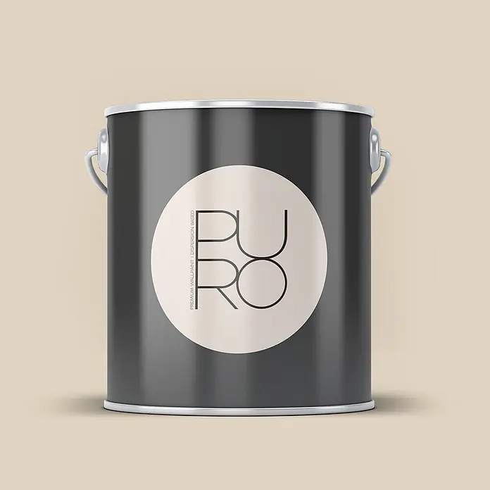 Livingwalls Wandfarbe Beige Mellow Brown DD126028 1l - Beige, Matt, 1 l - Dunkelgraue Farbdose mit hellbeigem Etikett, das „PURO Premium Wallpaint“ zeigt.