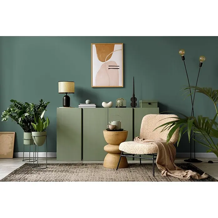 Livingwalls Wandfarbe Grün Emerald Green DD125949 5l - Grün, Matt, 5 l - Grüner niedriger Schrank zur Aufbewahrung und Dekoration.