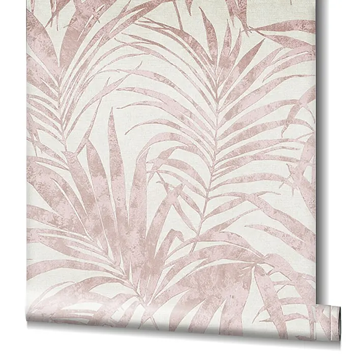 Livingwalls Vliestapete Floral, weiß-rosa - 10.050 x 530 mm - Tapetenrolle mit rosa Palmenblattmuster auf hellem, strukturiertem Hintergrund.