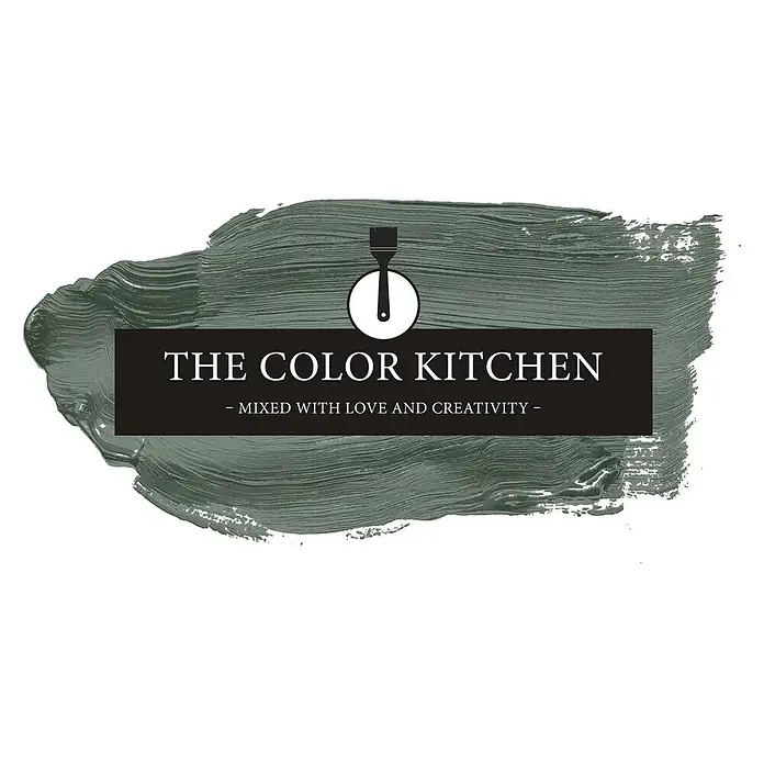 Livingwalls Wandfarbe Grün Ritzy Rosemary 4005 2,5l - Matt, 2,5 l - Logo 'The Color Kitchen' mit Pinsel-Symbol auf dunkelgrüner Pinselstrich-Textur.