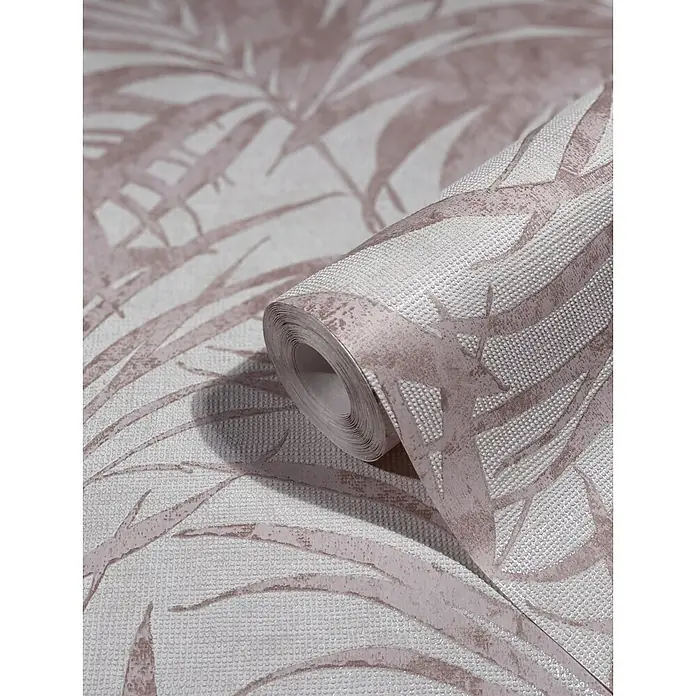 Livingwalls Vliestapete Floral, weiß-rosa - 10.050 x 530 mm - Rolle strukturierter Tapete mit hellgrauer Basis und zartem rosa-braunem Palmenblattmuster.