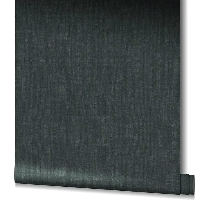 Livingwalls Vliestapete Uni, schwarz - 10.050 x 530 mm - Dunkelgrüne, strukturierte Tapetenrolle, teilweise abgerollt, mit feinem Webmuster.