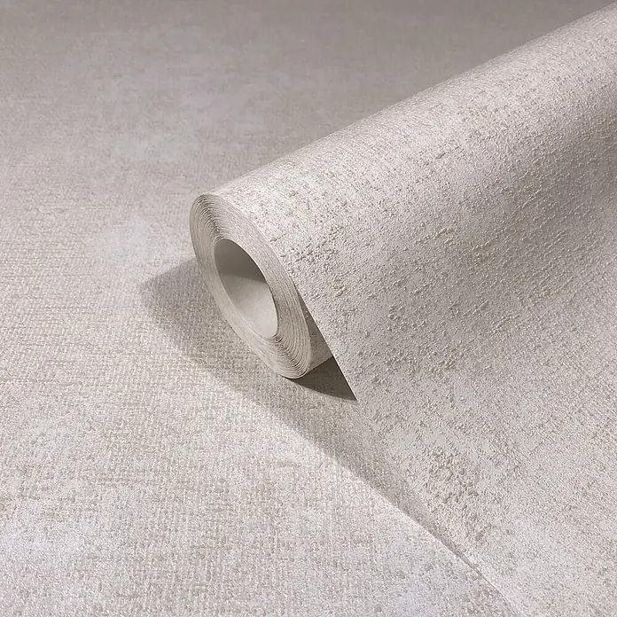 Livingwalls Vliestapete Uni, hellbeige - 10.050 x 530 mm - Gerollte hellbeige strukturierte Tapete mit feinem Stoffmuster.