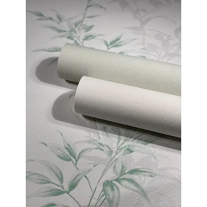 Livingwalls Vliestapete Floral, weiß, grün - grün - Zwei strukturierte Tapetenrollen, eine hellgrün und eine cremeweiß, auf Tapete mit hellgrünem Blattmuster.