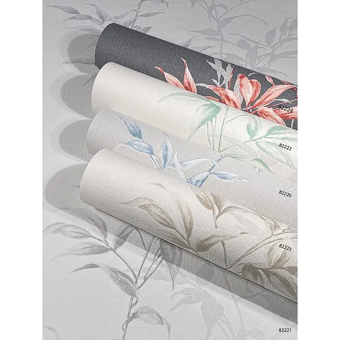 Livingwalls Vliestapete Floral, weiß, grau - weiß, 10.050 x 530 mm - Vier Rollen strukturierter Tapete mit Blättermustern: Grau/Rot, Weiß/Grün, Weiß/Blau und Weiß/Beige Designs.
