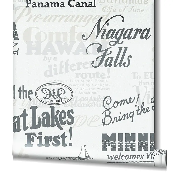 Livingwalls Vliestapete Grafisch, weiß -  - Vintage Reisetapetenrolle mit Texten wie 'Panama Kanal', 'Niagara Fälle' und 'Great Lakes' in Dunkelgrau auf Hellgrau.