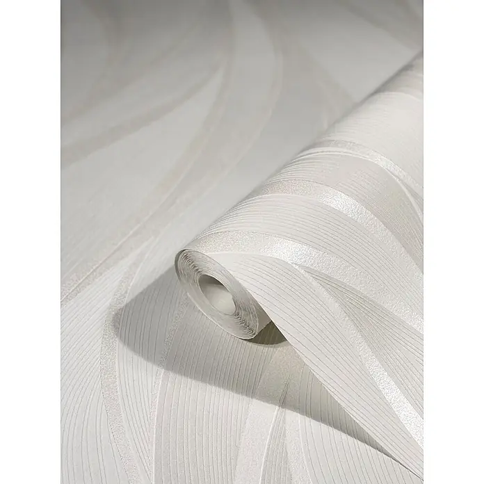 Livingwalls Vliestapete Grafisch, beige - beige, 10.050 x 530 mm - Weiße Tapetenrolle mit strukturiertem Wellenstreifenmuster, teilweise abgerollt, um ihr Design zu zeigen.