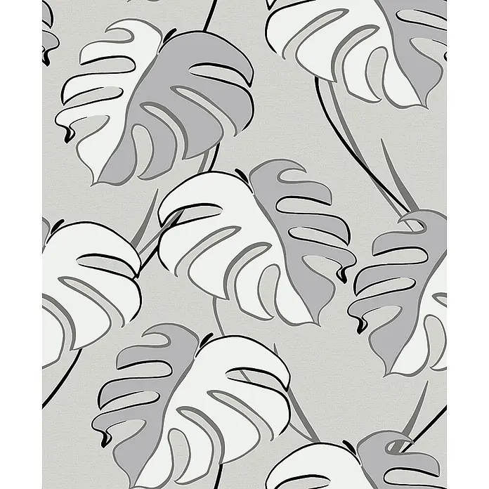 Livingwalls Vliestapete Floral, grau -  - Monstera-Blattmuster in Grau und Weiß mit schwarzen Umrissen.