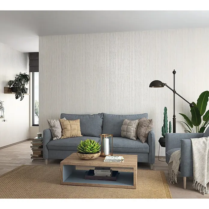 Livingwalls Vliestapete Struktur, greige - greige, 10.050 x 530 mm - Hellfarbene, texturierte Tapete mit subtilen vertikalen Streifen schmückt die Wände eines gemütlichen Wohnzimmers.